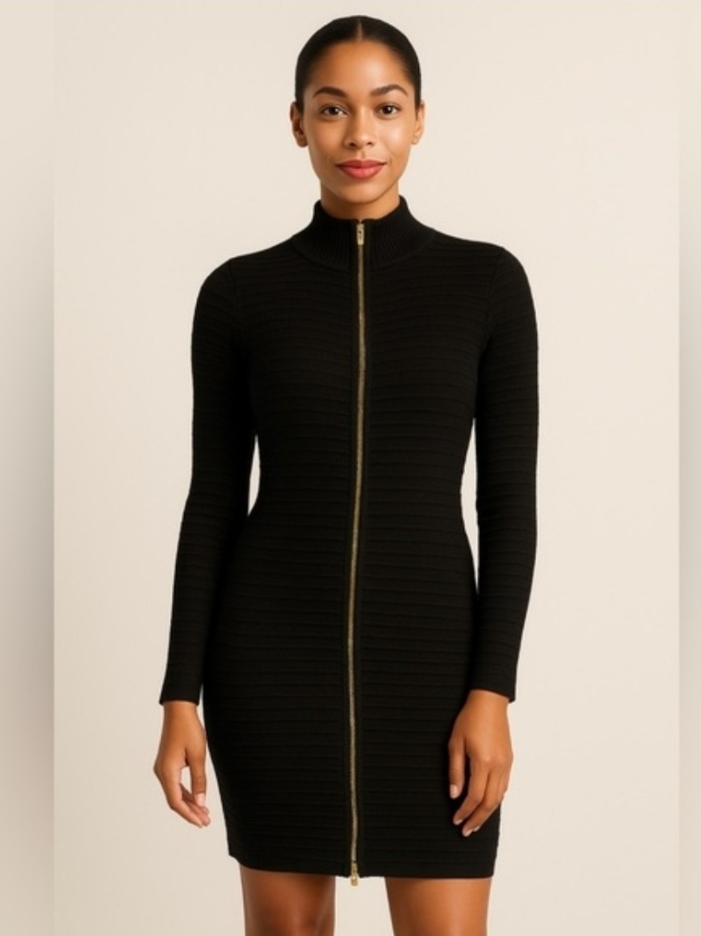 Calvin Klein Black Long-Sleeve Full Zip-Front Bodycon Dress M